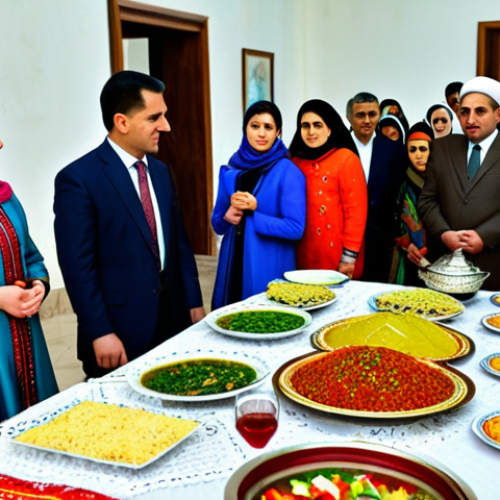 Home 4 **
"A vibrant Nowruz celebration in Tajikistan. Families gathered around a *sofreh* (festive table) filled with traditional dishes, including *sumalak*. People are wearing modest, colorful clothing and participating in traditional dances. The background features traditional Tajik architecture with Persian-inspired geometric designs. Safe for work, appropriate content, fully clothed, family-friendly, perfect anatomy, correct proportions, natural pose, professional photography, high quality."
**