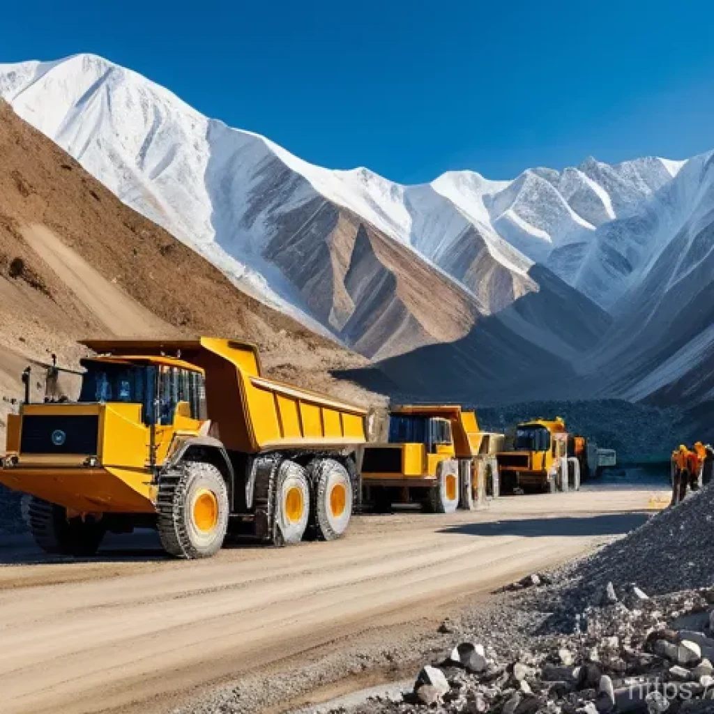 타지키스탄의 주요 수출 품목 - **A majestic, wide-angle shot of a modern gold mining operation nestled deep within the rugged, snow...