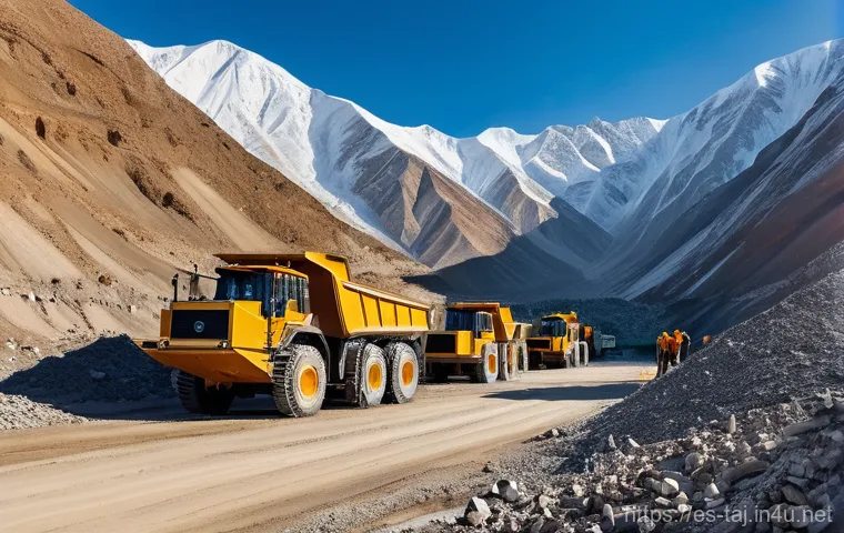 타지키스탄의 주요 수출 품목 - **A majestic, wide-angle shot of a modern gold mining operation nestled deep within the rugged, snow...
