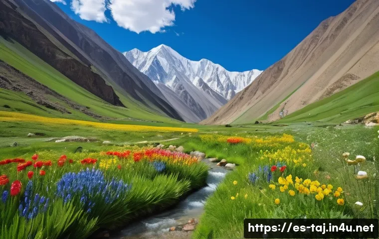 타지키스탄 기후와 계절별 여행 - A vibrant springtime scene in the mountains of Tajikistan showcasing lush green valleys dotted with ...