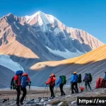 Home 20 타지키스탄 여행 보험 추천 - A rugged mountain landscape in Tajikistan's Pamir range at sunrise, featuring a group of adventurous...