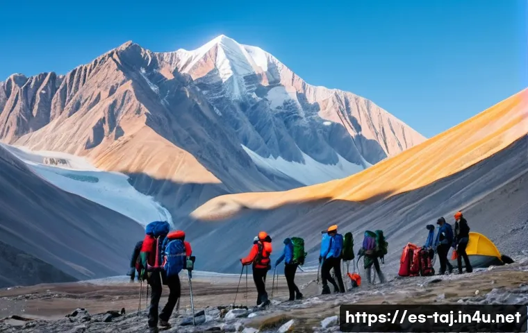 타지키스탄 여행 보험 추천 - A rugged mountain landscape in Tajikistan's Pamir range at sunrise, featuring a group of adventurous...