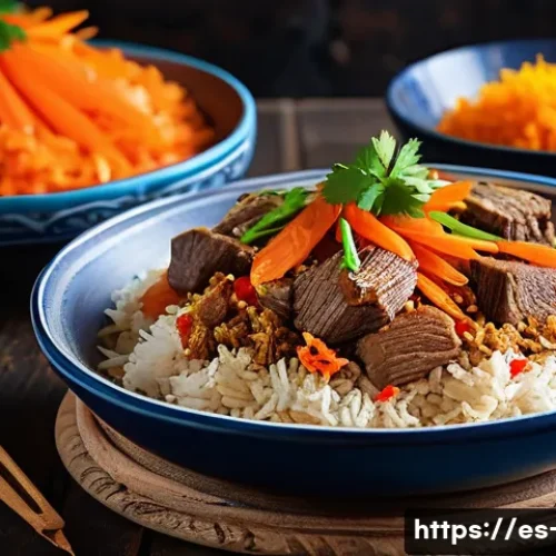 Home 31 타지키스탄 플로브 요리법 - A vibrant, detailed close-up of an authentic Tajik plov dish served on a large traditional tray, sho...
