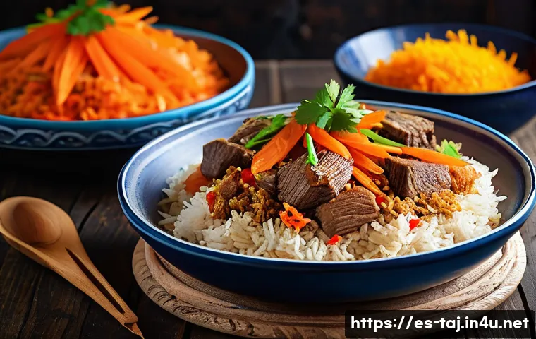 타지키스탄 플로브 요리법 - A vibrant, detailed close-up of an authentic Tajik plov dish served on a large traditional tray, sho...