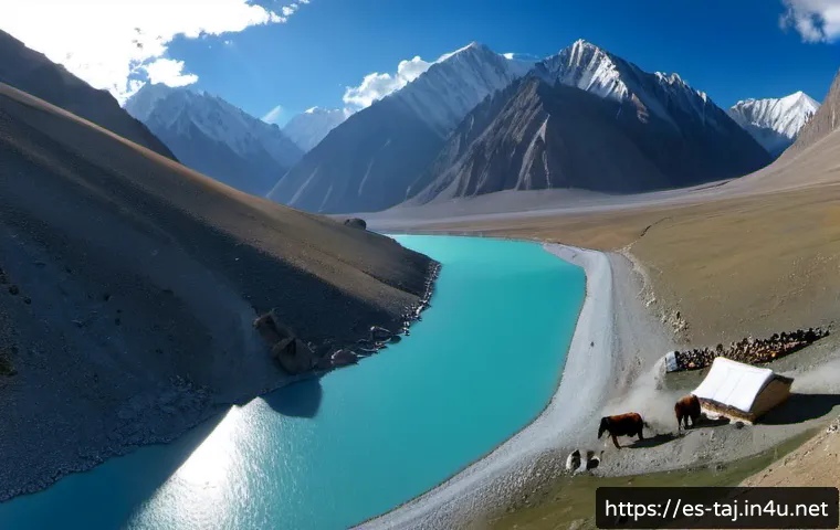 Home 17 파미르 고원의 매력 - Photorealistic panoramic view of the Pamir Plateau at sunrise, vast emerald alpine valley framed by ...