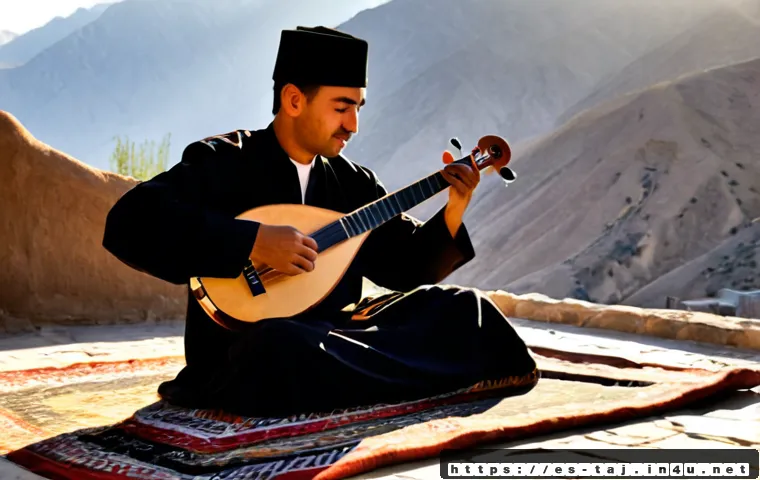 타지키스탄의 대표 전통 음악 - Photorealistic documentary-style scene of a Tajik traditional musician seated on a woven carpet in a...